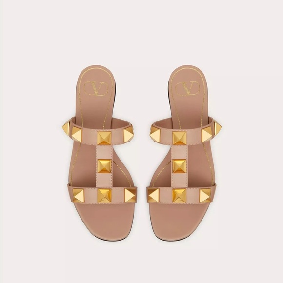 VALENTINO FLAT ROMAN STUD CALFSKIN SLIDE SANDAL - Picture 4 of 13